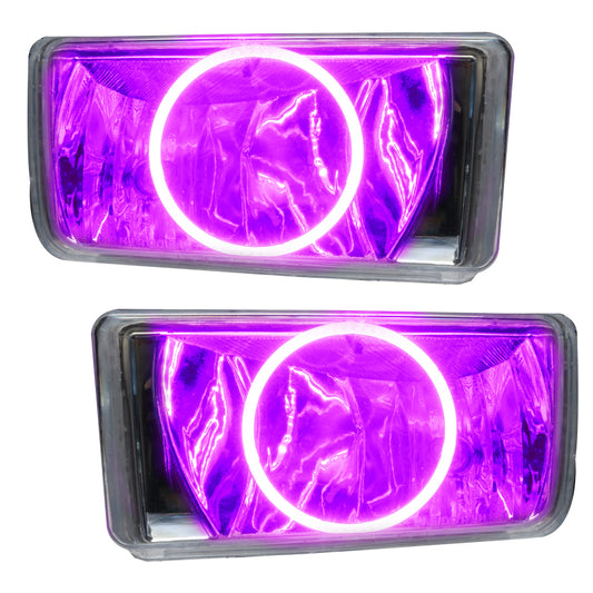 Oracle Lighting pink LED halo fog lights for 2007-2015 Chevrolet Silverado, showcasing the re-assembled fog light assembly with vibrant pink halos.