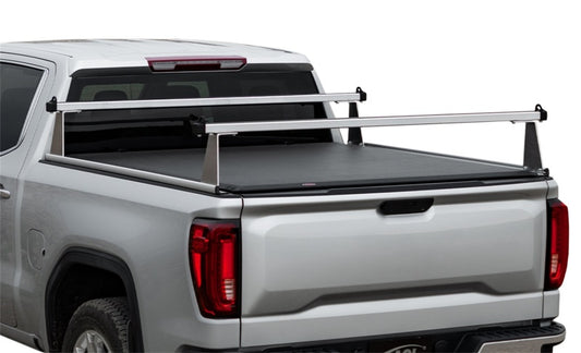 Access ADARAC 2019+ Chevy/GMC 1500 ladder rack with CarbonPro box, silver finish, mounted on pickup truck bed.