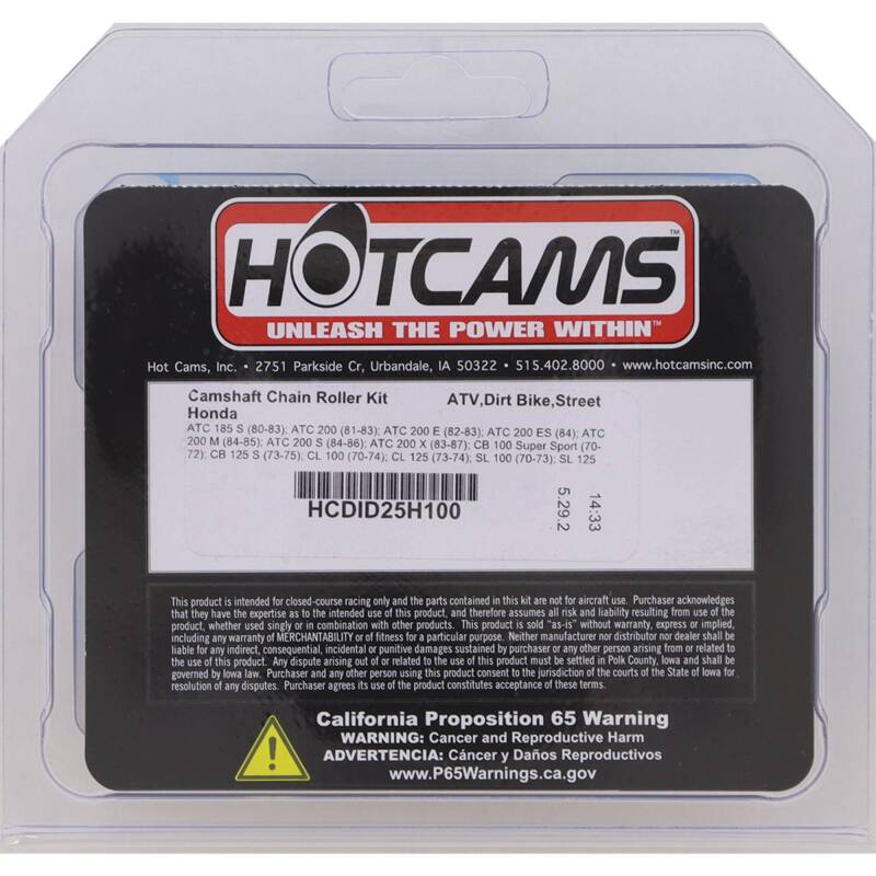 Hot Cams camshaft chain roller kit for ATC 185 and ATC 200 models, with multiple camshafts and chain components visible.