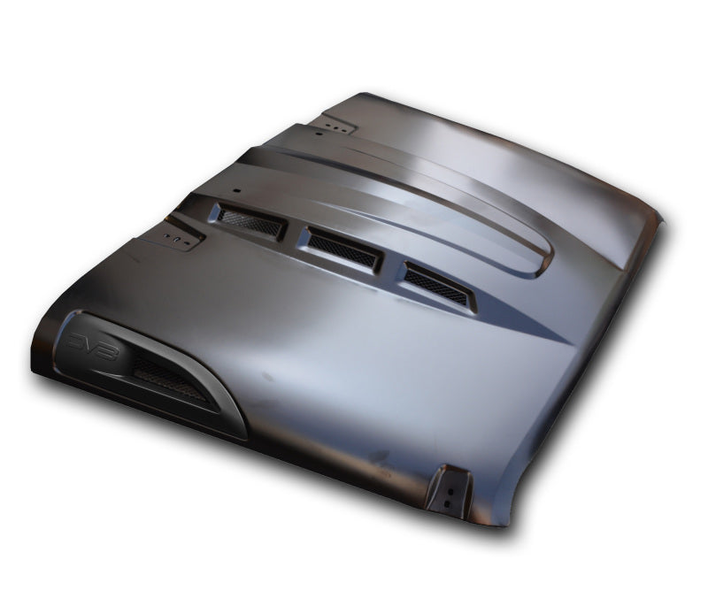Primer black DV8 Offroad metal hood for Jeep Wrangler JK 2007-2018 with heat dispersion design, shown from a side view.