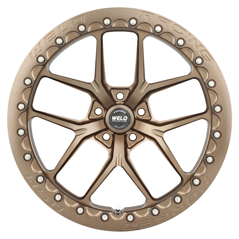 Weld RM105 forged wheel 18x10 satin bronze finish with 5x4.5 bolt pattern and 66.6 hub bore, showcasing a sleek automotive wheel design.
