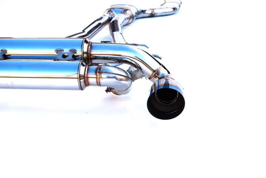 Invidia Gemini N1 titanium cat-back exhaust system installed on a Toyota Supra 3.0, showcasing the single-layer titanium construction.