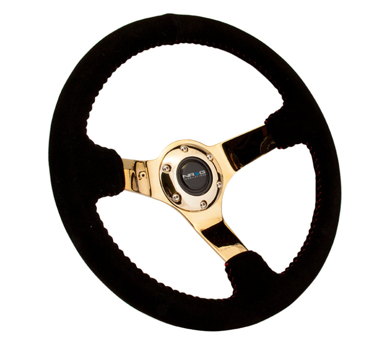 NRG reinforced 350mm black suede steering wheel with red basketball stitching and chrome gold 3-spoke design.