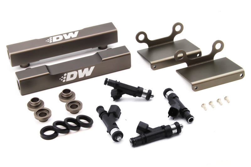 DeatschWerks fuel rail conversion kit with 1000cc injectors for 04-06 Subaru STI/LGT, featuring side feed to top feed design.