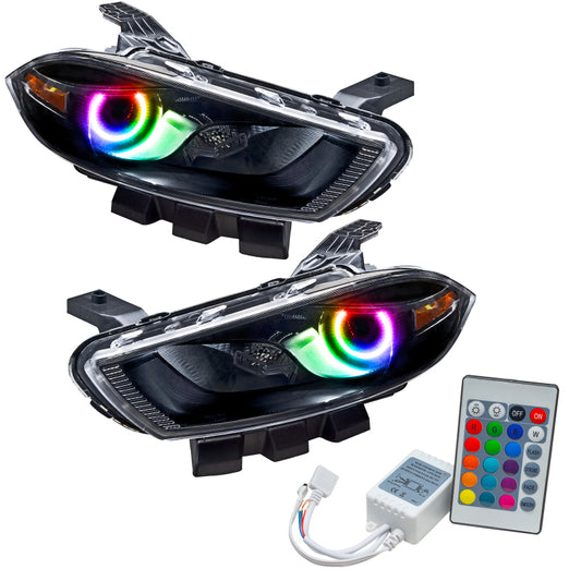 Oracle Dodge Dart 2013-2014 HID Style SMD Headlights in black with ColorSHIFT and simple controller, showcasing sleek headlight design.