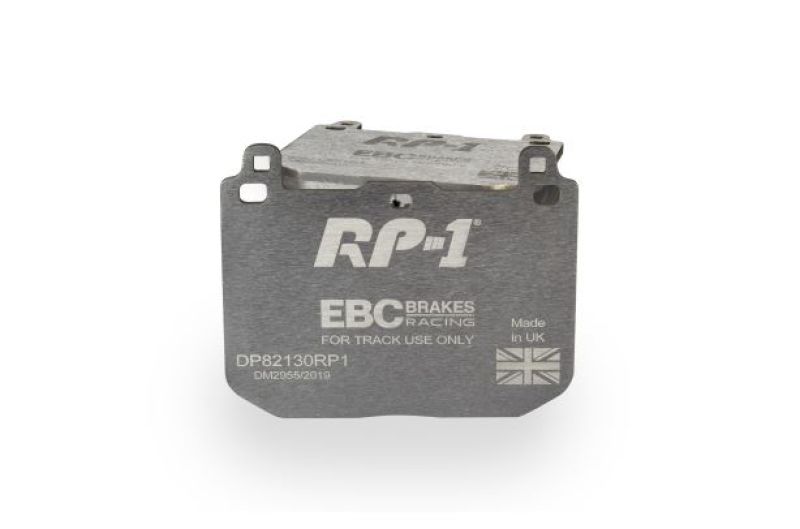 Pair of EBC Racing RP-1 front and rear brake pads for Lotus Evora 09-16, high-performance racing brake pads.