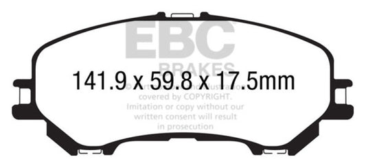 EBC 14+ Nissan Rogue 2.5 front brake pads, Ultimax2 OE replacement brake pads, designed for two-row seating vehicles.