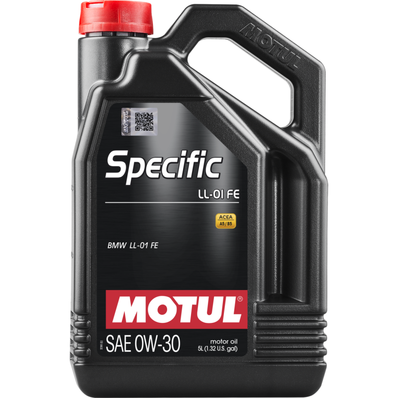 Motul 5L Specific LL-01 FE 0W-30 motor oil container, high-quality synthetic oil for vehicle engine performance