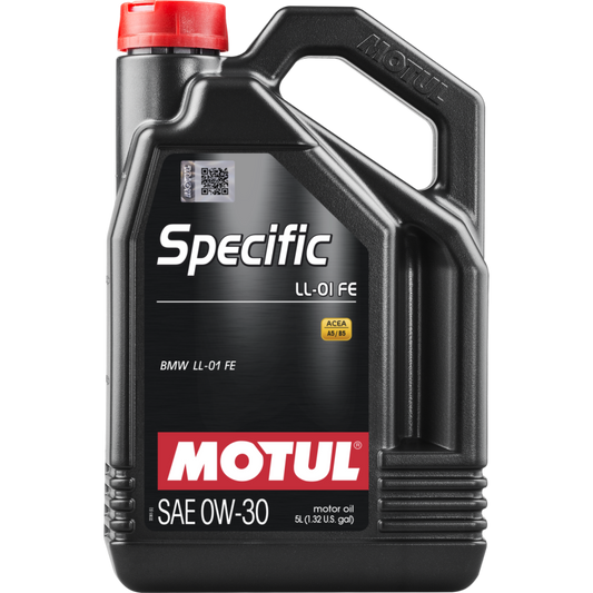 Motul 5L Specific LL-01 FE 0W-30 motor oil container, high-quality synthetic oil for vehicle engine performance