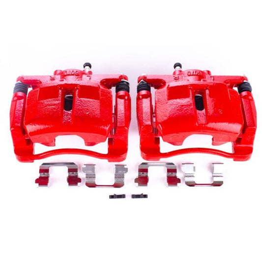 Pair of PowerStop red front brake calipers with brackets for Mazda CX-5 2013-2018, performance brake calipers for enhanced stopping power.