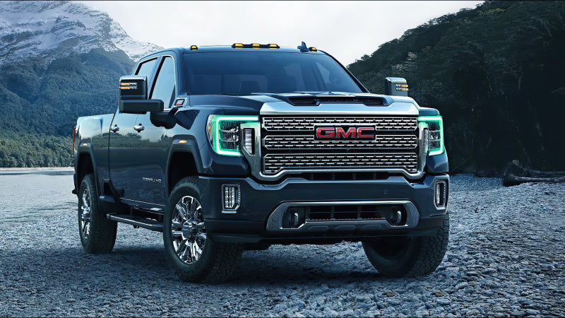 Oracle GMC Sierra 2500/3500 HD RGB+W headlight DRL kit with BC1 controller, showing LED headlight and daytime running light setup.