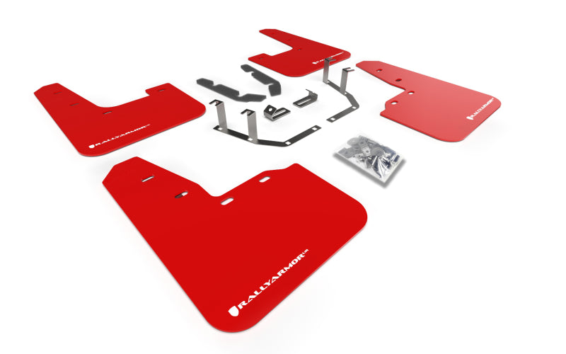 Rally Armor Ford Fiesta ST MK8 mud flaps in red with white logo, designed for 2018-2023 Ford Fiesta ST MK8 vehicle protection