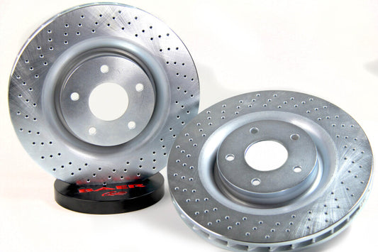 Baer Brakes performance front rotors for 2006-2009 Cadillac XLR with slot and drilled design, showcasing the vented brake rotors.