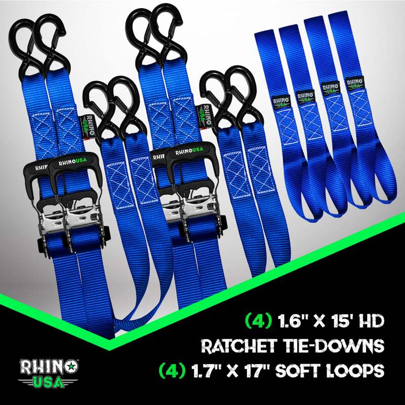 Set of four Rhino USA heavy-duty blue ratchet tie-downs for cargo securing, 1.6-inch by 15-foot straps with metal hooks.