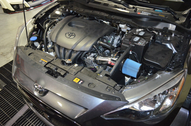 Injen polished cold air intake for 2017-2018 Toyota iA 1.5L engine, showing the sleek metal tubing and filter.