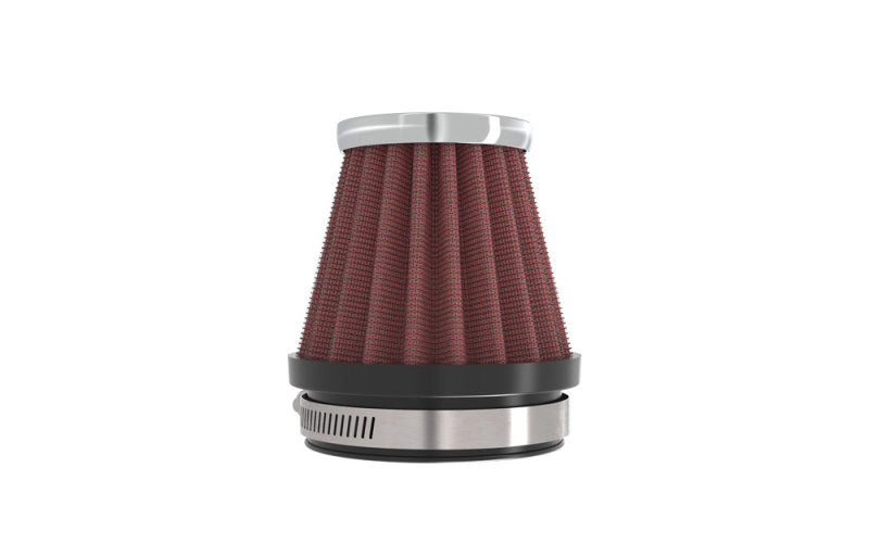 K&N universal chrome air filter with 2.125-inch flange, 3-inch base, 2-inch top, and 2.75-inch height, for vehicle air intake systems.