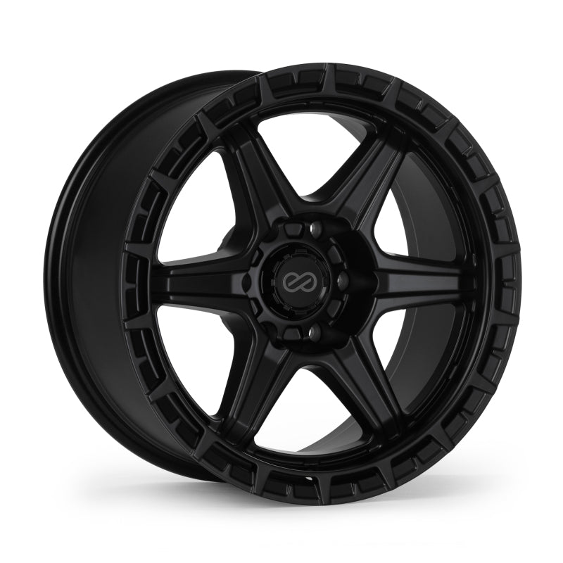 Enkei Trail-Finder 17x9 matte black cast wheel with 6x139.7 bolt pattern, ET20 offset, and 106.1mm bore for off-road vehicles.