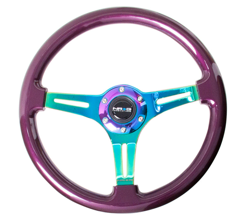 NRG Classic Wood Grain Purple Pearl Steering Wheel with Neochrome 3-Spoke Center, 350mm diameter, for car interior customization.