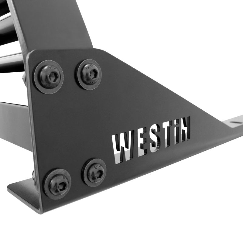 Black Westin headache rack installed on a Chevrolet, Ford, GMC, or Toyota Silverado or Sierra 1500, 2500, 3500 HD pickup truck.