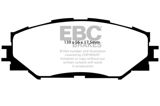 EBC Greenstuff front brake pads for Lexus HS250h 2.4 Hybrid, performance brake pads with green friction material.