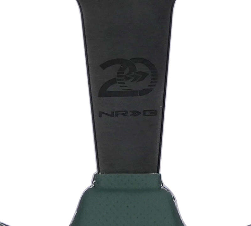 NRG 350mm black leather steering wheel with perforated grip, emerald stitching, 1.5-inch dish, and reinforced spoke.
