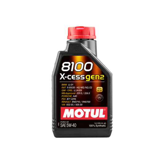 Motul 1L Synthetic Engine Oil 8100 X-CESS GEN2 5W40 bottle for car engines, showing the product label and container.