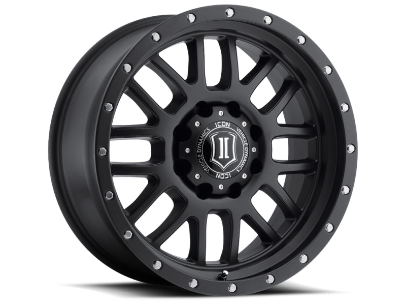 ICON Alpha 20x9 satin black cast wheel with 8x180 bolt pattern, 12mm offset, 5.5-inch backspacing, and 125.2mm bore.