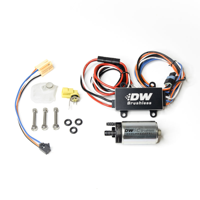 DeatschWerks 14-19 Ford Fiesta ST brushless fuel pump with installation kit and controller, designed for high-performance fuel delivery.