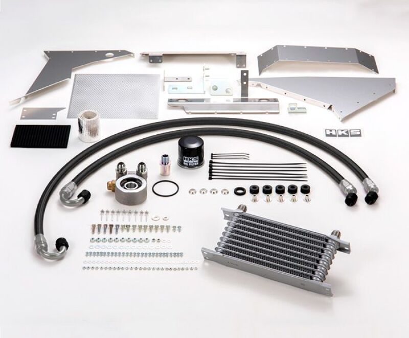 HKS S-Type oil cooler kit for FK8 Civic Type-R with black finish, including hoses and mounting hardware, mounted on engine.