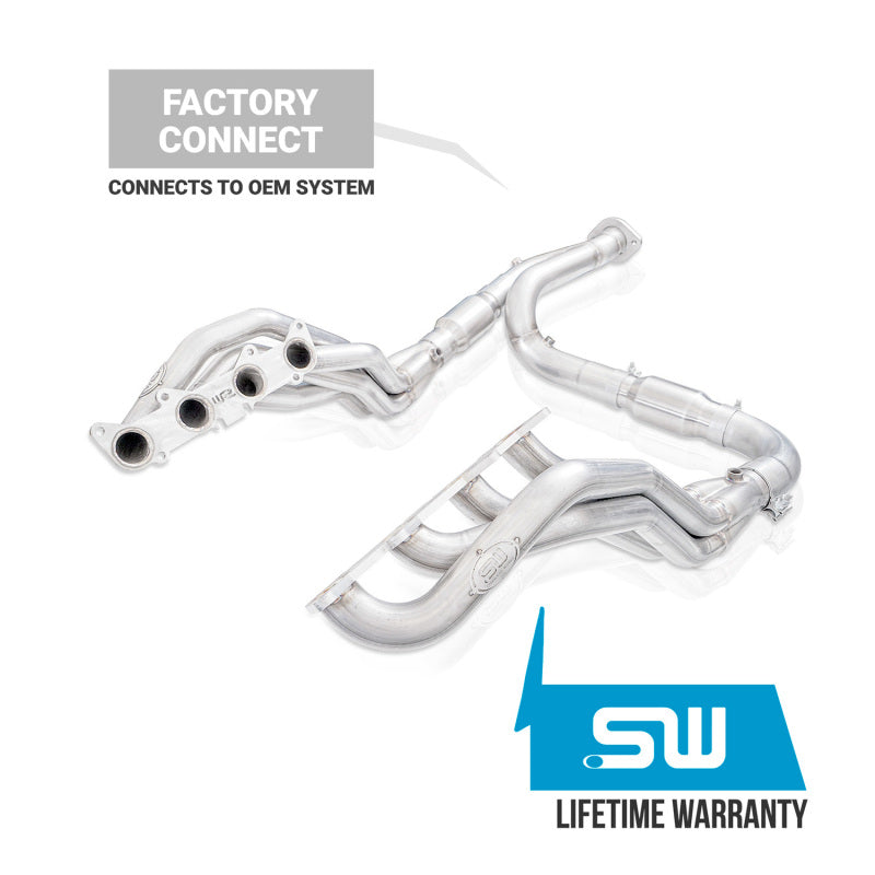 Stainless Works long tube headers for 2021-23 Ford F-150 5.0L V8 engine, metallic finish, installed in engine bay.