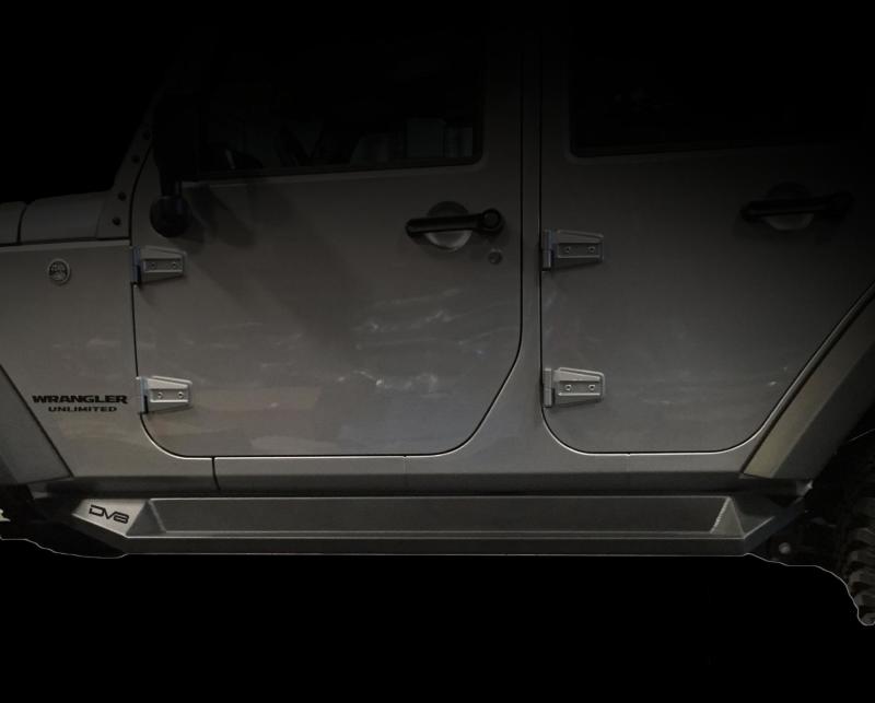 DV8 Offroad steel rock slider side steps for 2007-2018 Jeep Wrangler JK, matte black plated steel, four-door model.