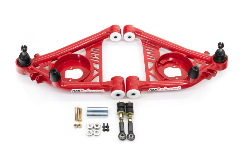 UMI Performance tubular front lower control arms with Delrin bushings for 78-88 G-Body and S10 trucks, showcasing durable suspension parts.
