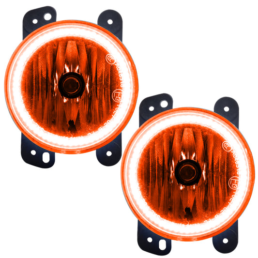 Oracle Lighting Jeep Wrangler JK LED halo fog lights with amber lenses, pre-assembled for 2007-2009 model year off-road vehicles.