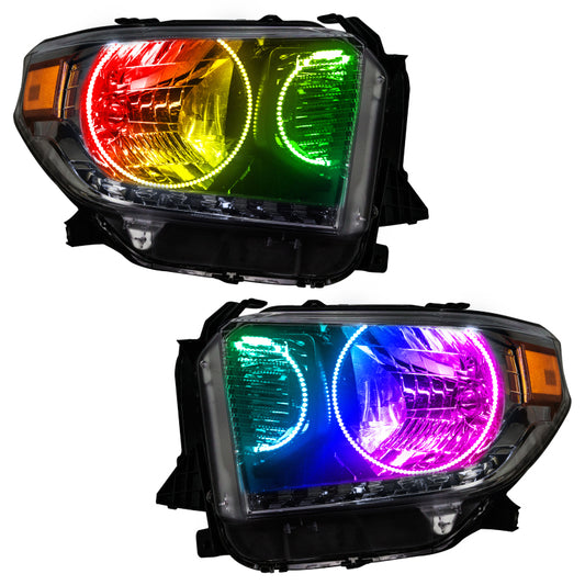 Oracle Lighting Toyota Tundra 14-17 SMD Headlights with Dual Halo Kit and ColorSHIFT feature, without controller, showing illuminated halos.