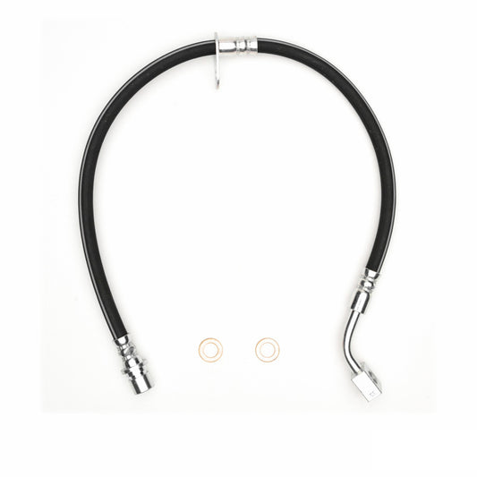 DWC 12-14 Chevrolet Camaro front left brake hose from DFC brake line kit, showing the rubber hose with metal fittings.