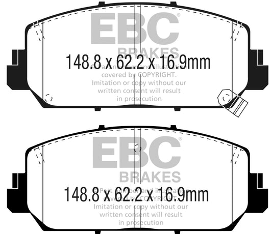 EBC Greenstuff 16+ front brake pads for Acura ILX 2.4, performance brake pads with green friction material and metal backing plate