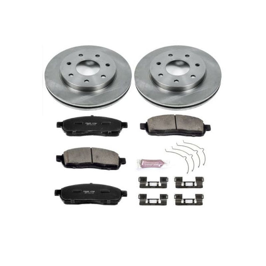 PowerStop OE front brake kit for Ford F-150 2004-2008, including brake rotors and pads, installed on the vehicle.