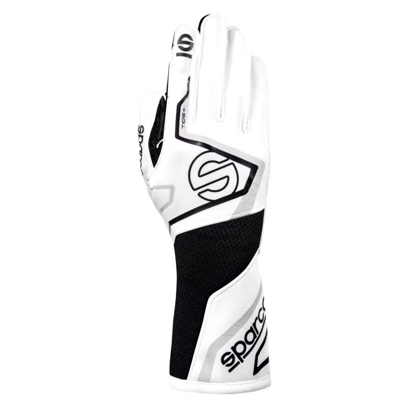 Black and white Sparco racing gloves, Tide Blk/Wht, size 11, with textured grip and racing design for motorsport driving.