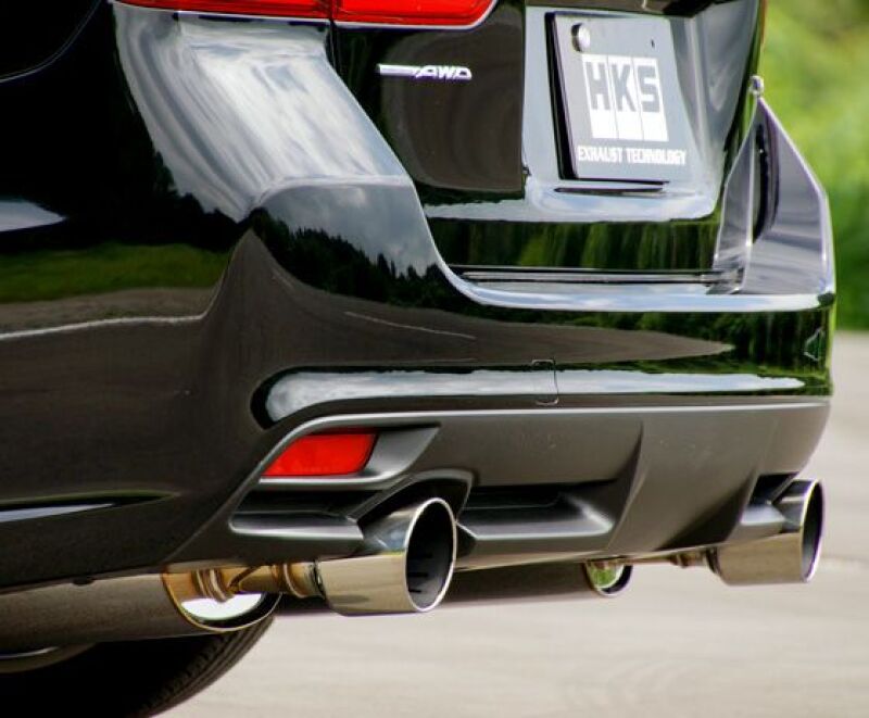 HKS Super Turbo Muffler catback exhaust system installed on Subaru Levorg VMG with FA20 engine, showcasing polished metal finish.