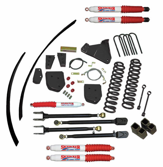 Skyjacker 8.5-inch lift kit for Ford F250 4WD gas trucks, showing lifted suspension with shocks and components.