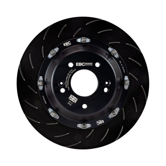 EBC Racing 2-piece front brake rotors for Land Rover Range Rover Sport 5.0L S/C, showing vented design and mounting surface.