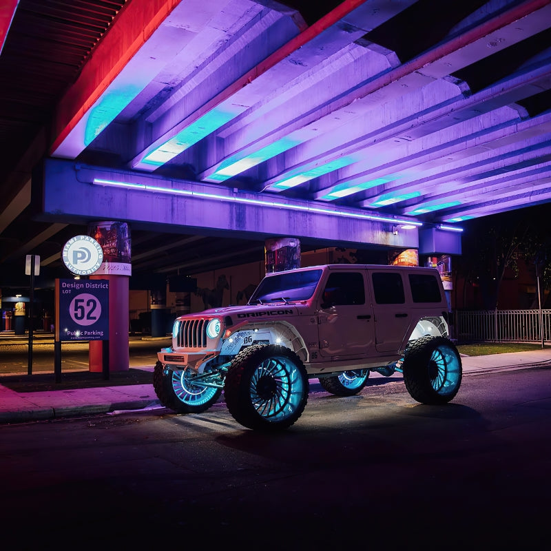 Oracle LED Illuminated Wheel Rings ColorSHIFT light strip with vibrant color-changing options, no remote, installed on vehicle wheels.