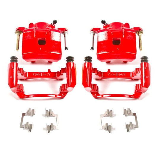 Pair of PowerStop red front brake calipers with brackets for Chevrolet Cobalt 2005-2008, performance brake calipers for enhanced stopping power.