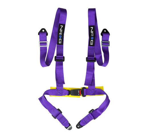 NRG purple 4-point seat belt harness with buckle lock, racing style safety harness for car racing or performance vehicles.