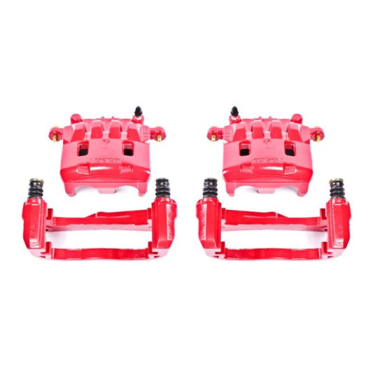 Pair of PowerStop red front brake calipers with brackets for Saab 9-2X, high-performance automotive brake components.