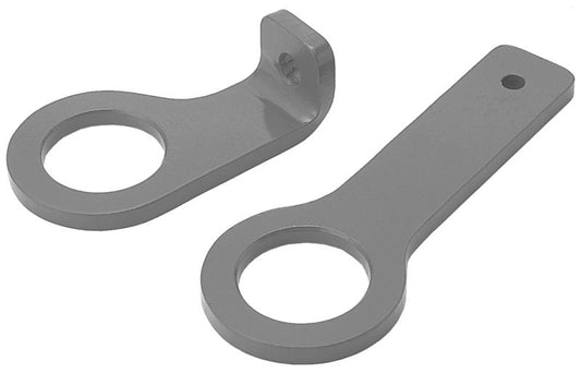 Pair of Cusco tow hooks for AE86 Levin and Trueno, shown in black metal with mounting brackets on a white background.