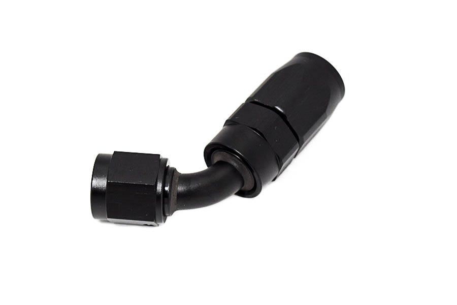 Black BTR AN 60° -6AN hose end fitting for racing hoses, made by Brian Tooley Racing, with detailed threading and durable finish.