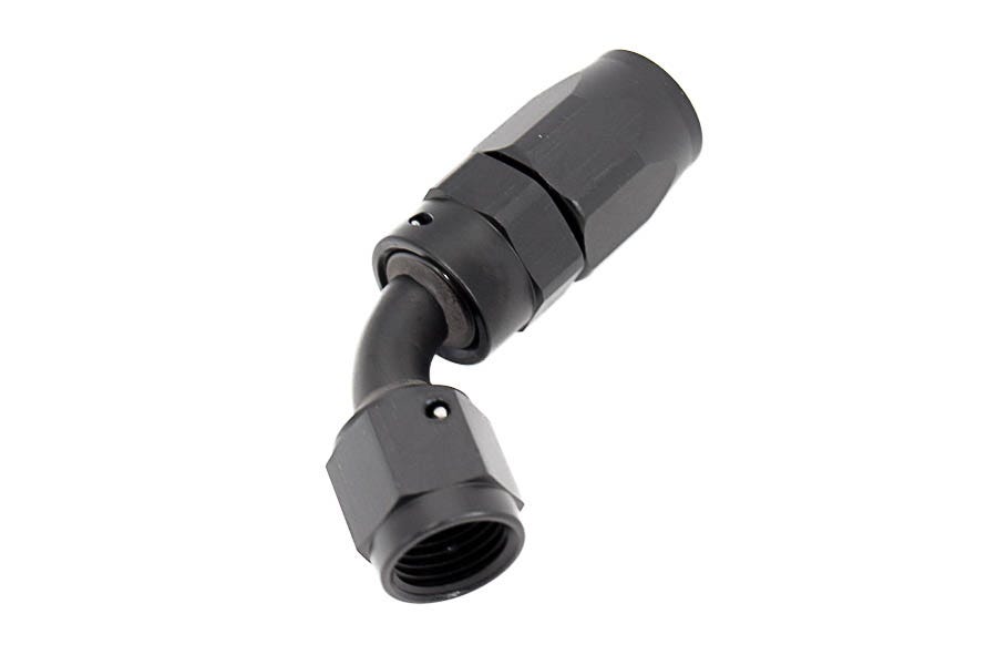 Black BTR AN fitings 60° -6AN hose end, designed for high-performance racing hoses, showing the angled fitting and smooth surface.