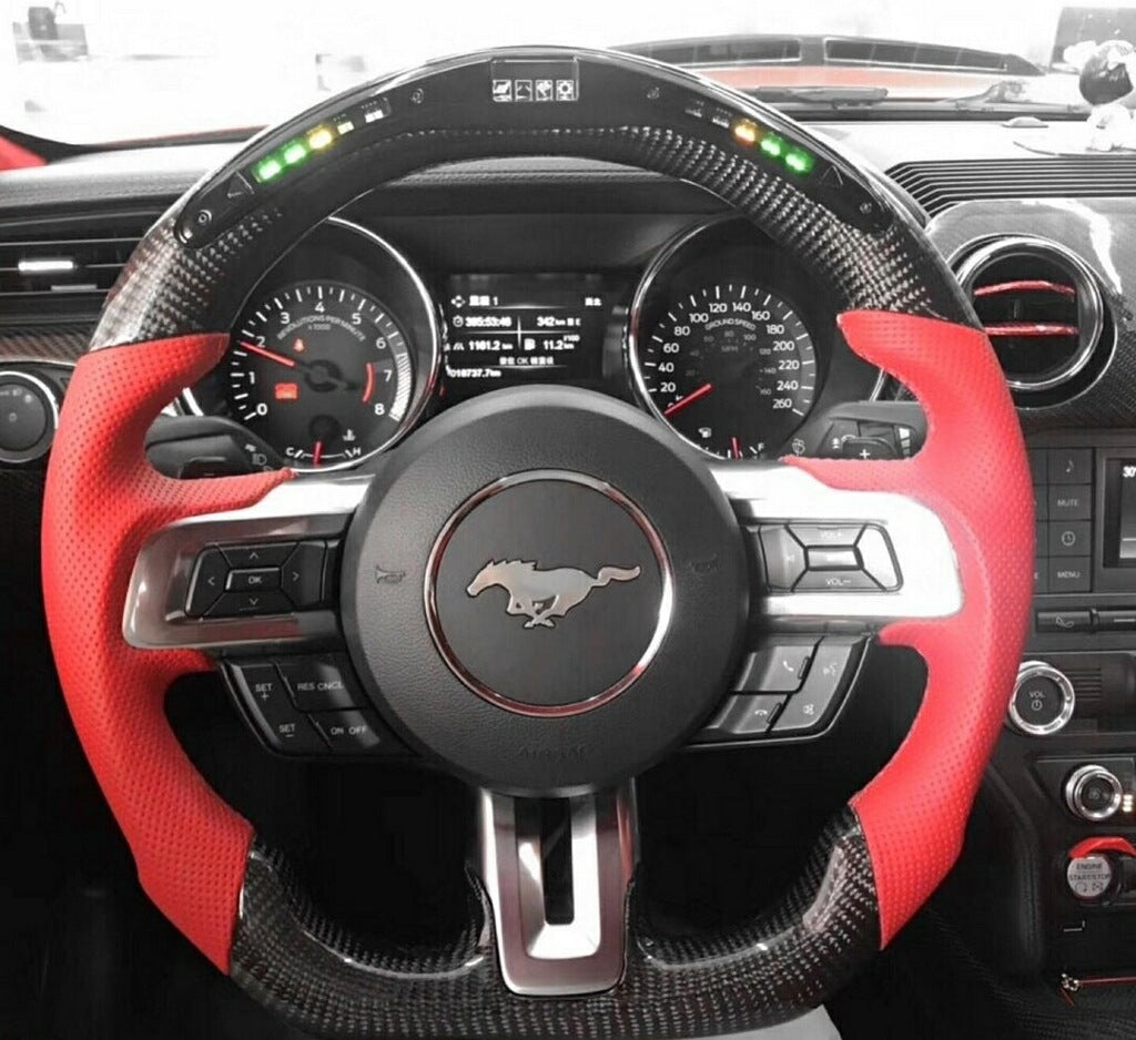 Custom carbon fiber Ford Mustang S550 steering wheel from 2015-2023 by Street Driven Performance, showing detailed interior design.