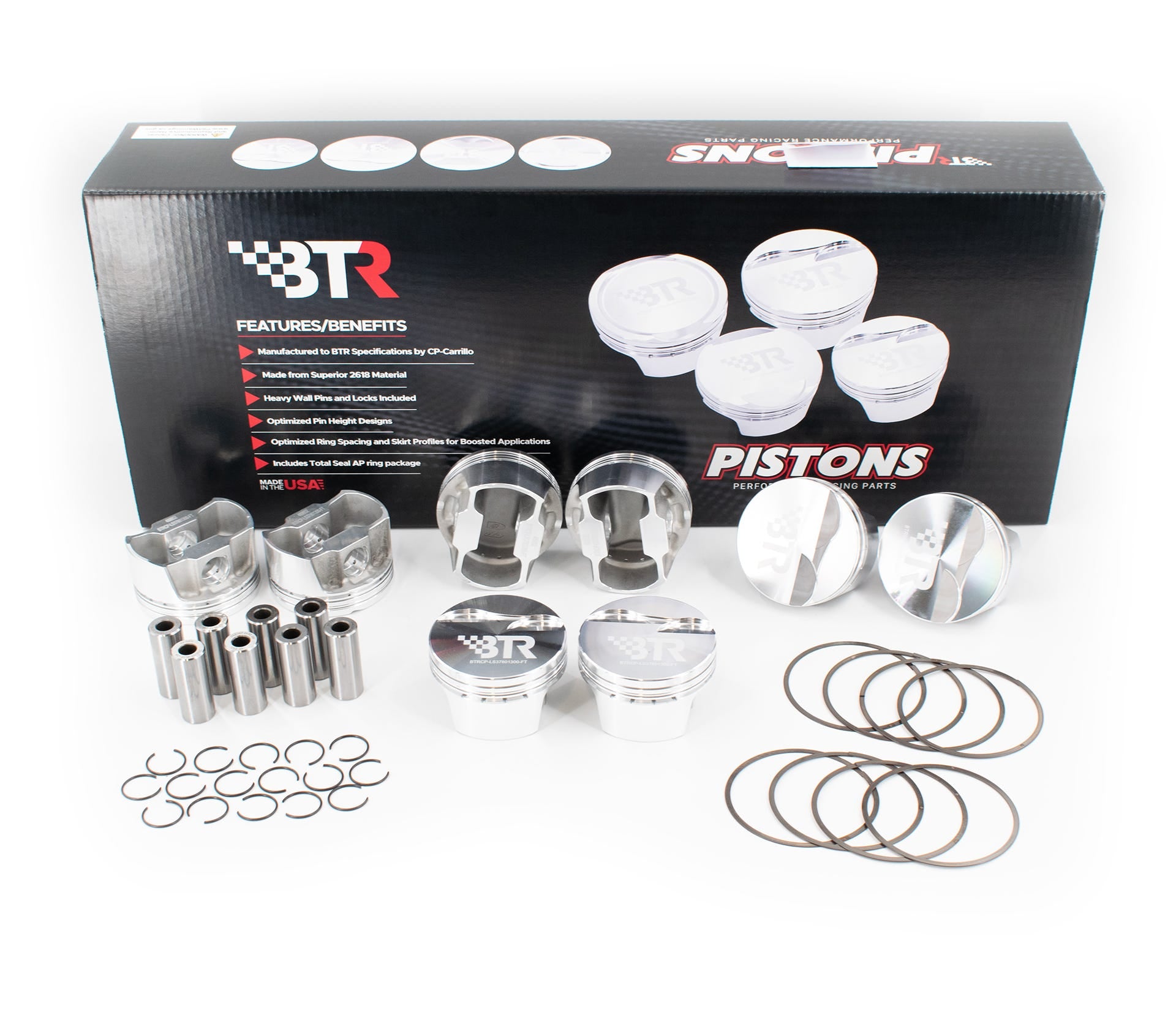 BTR CP PISTON & RING SET - GEN III/IV LS - 3.800" BORE - 3.622" STROKE - 6.125" ROD - 2CC FLAT TOP - BTRCP-LS38001300-FT-8